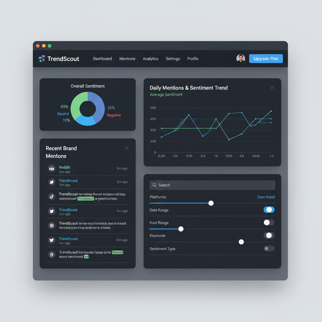 TrendScout Dashboard showing real-time mentions, sentiment analysis, and brand monitoring features